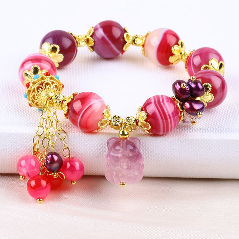 14MM Hot Pink Agate Bead Natural Handmade Crystal Bracelet FJHHPB001