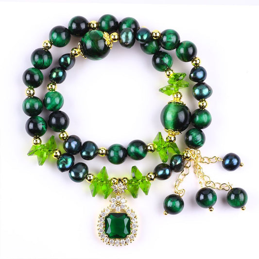 8MM Dark Green Tiger's Eye  Multi-Layer Bead Natural Handmade Crystal Bracelet FJHMGT001