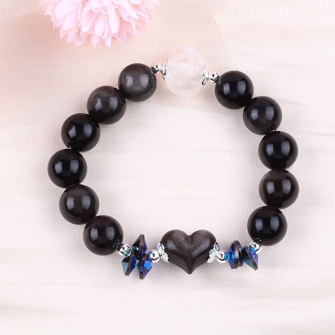 14MM Black Obsidian with Heart Bead Natural Handmade Crystal Bracelet FJHBBOO1