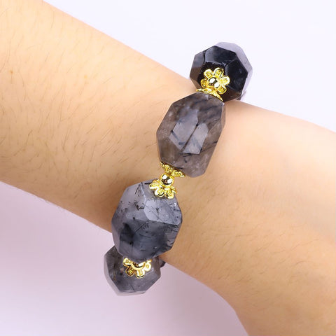 14MM Black Rutilate Quartz Raw Bead Natural Handmade Crystal Bracelet FJHBRQB001